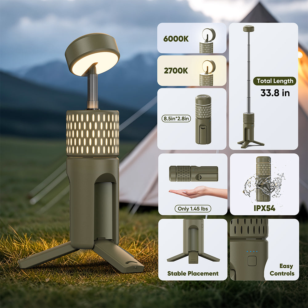 Wildmeet TrailBeam Telescopic LED Camping Lantern – 600LM Rechargeable Light with Foldable Tripod