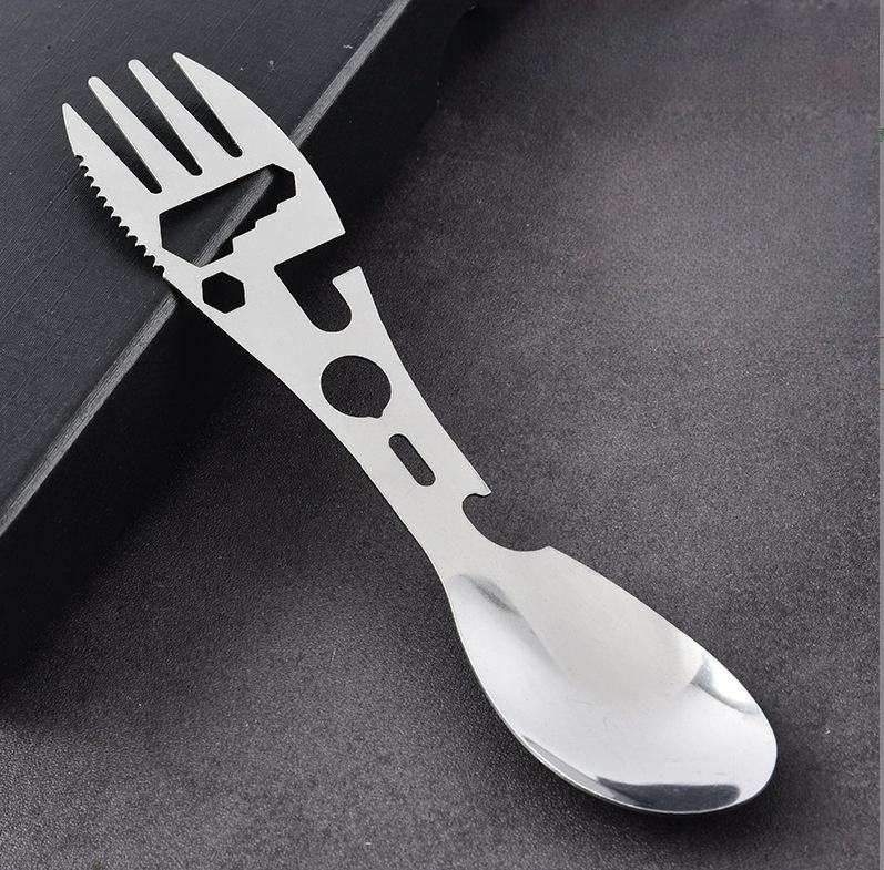 Wildmeet MultiTool Camp Spoon – 6-in-1 Outdoor Survival Utensil with Fork Knife Opener & Wrench
